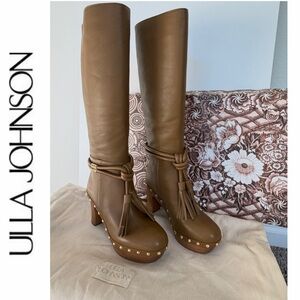Ulla Johnson Elin Tassel Boots Leather Gold Fringe Wood Heels Sz 35 Quiet Luxury